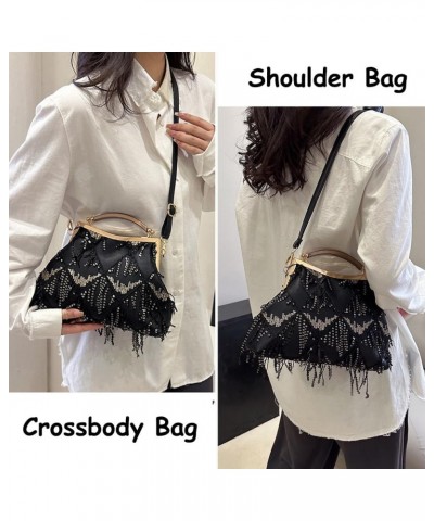 Women Evening Bag Kiss Lock Purse Sequin Tassel Handbags Shoulder Crossbody Bags Clutch Lady Wedding Party Satchel Black $35....