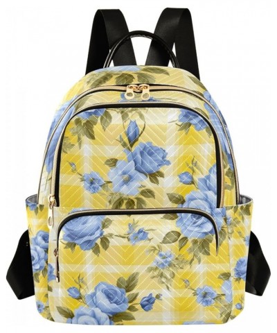 Blue Roses on Yellow and White Checkered Women Fashion Backpack, Fashion Travel Backpack, Women's Travel Backpack, S Vintage ...