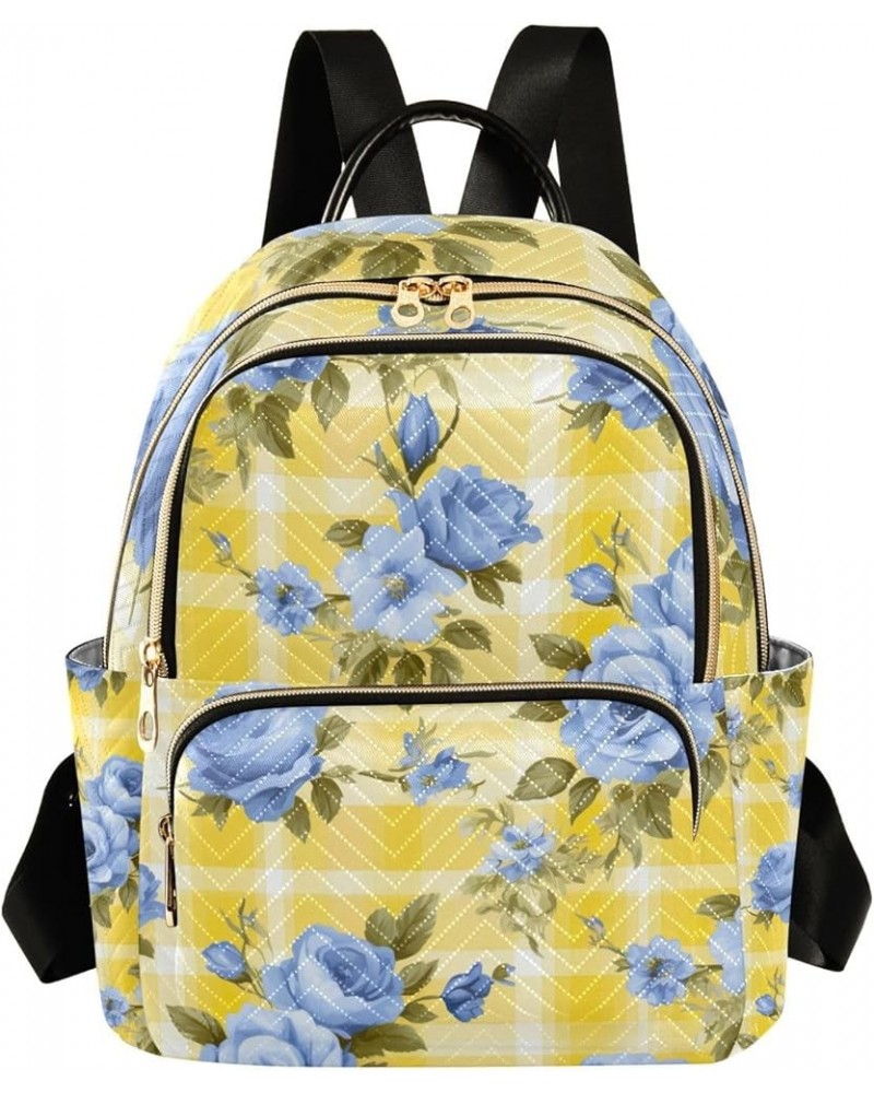 Blue Roses on Yellow and White Checkered Women Fashion Backpack, Fashion Travel Backpack, Women's Travel Backpack, S Vintage ...