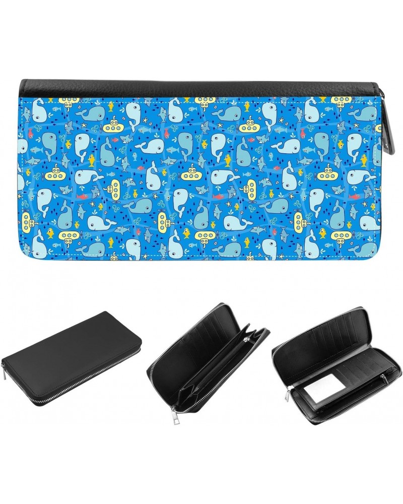 Women's Zip Around Wallet and Phone Clutch - RFID Blocking with Card Holder Organizer - Cute Undersea whale, shark and submar...