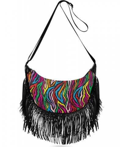 Rainbow Zebra Print Colorful Fringe Bag for Women Cross Body Bag Tassel Shoulder Bag Satchel $13.50 Shoulder Bags