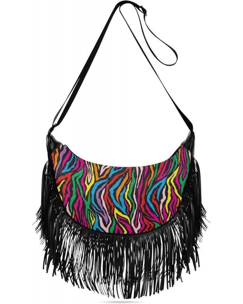 Rainbow Zebra Print Colorful Fringe Bag for Women Cross Body Bag Tassel Shoulder Bag Satchel $13.50 Shoulder Bags