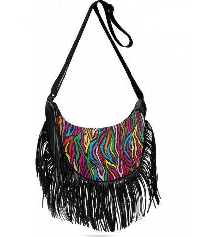 Rainbow Zebra Print Colorful Fringe Bag for Women Cross Body Bag Tassel Shoulder Bag Satchel $13.50 Shoulder Bags