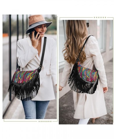 Rainbow Zebra Print Colorful Fringe Bag for Women Cross Body Bag Tassel Shoulder Bag Satchel $13.50 Shoulder Bags