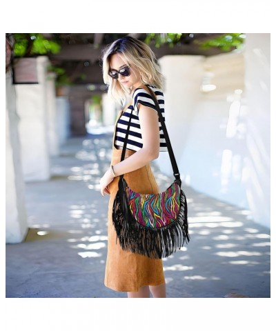 Rainbow Zebra Print Colorful Fringe Bag for Women Cross Body Bag Tassel Shoulder Bag Satchel $13.50 Shoulder Bags