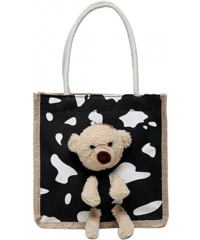 Ins simplicity fashion cuteness Bear handbag cartoon canvas bag portable fashionable cloth bag Cow Black $15.18 Totes