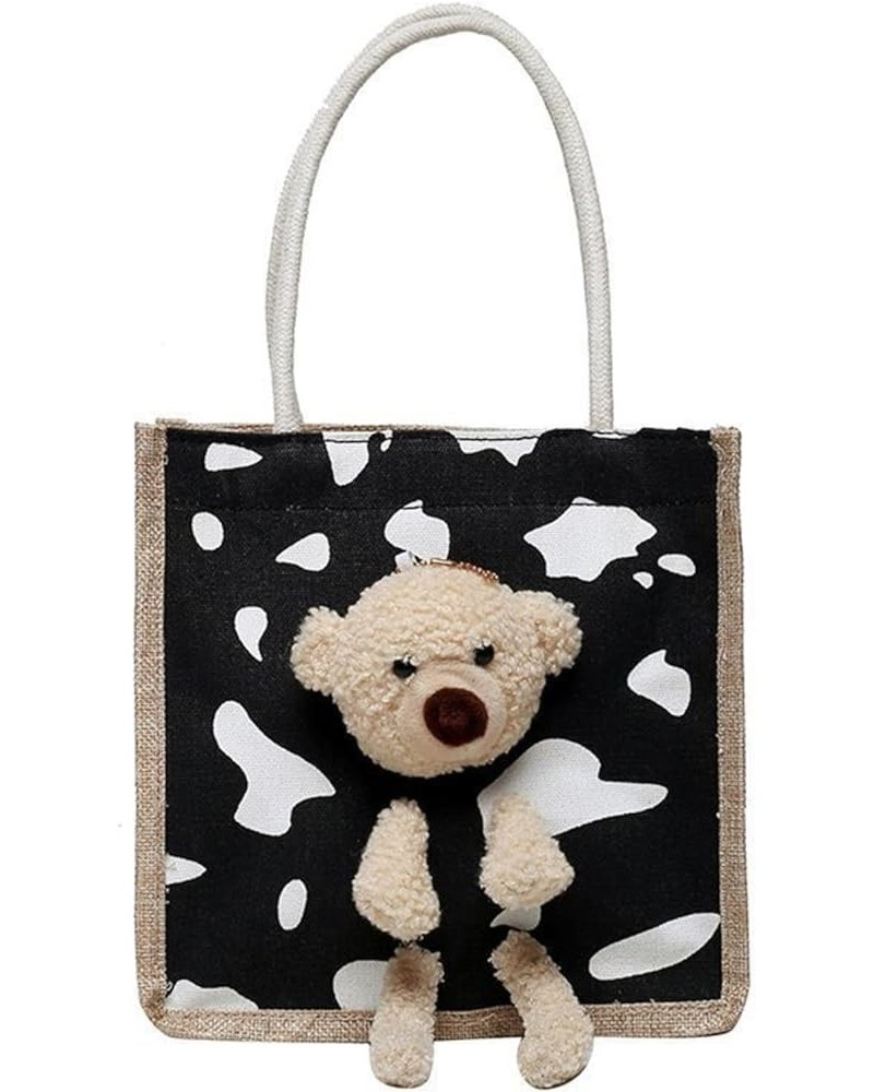 Ins simplicity fashion cuteness Bear handbag cartoon canvas bag portable fashionable cloth bag Cow Black $15.18 Totes