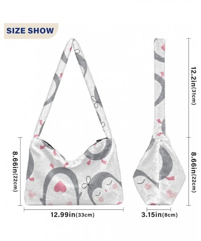 Penguin Bird Furry Tote Bag for Women Crossbody Bag Casual Shoulder Handbags Puffer Tote with Zipper for Women Work $10.91 Totes