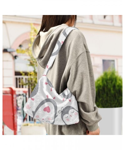 Penguin Bird Furry Tote Bag for Women Crossbody Bag Casual Shoulder Handbags Puffer Tote with Zipper for Women Work $10.91 Totes