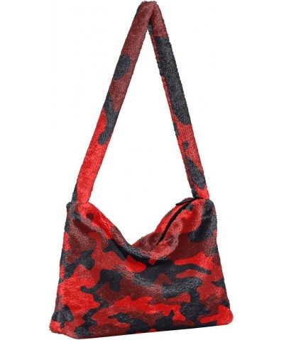 Women Boho Handbag Military Camo Red Black Underarm Bag Tote Bag Shoulder Bag Crossbody Bag Fluffy Cell Phone Purse Lady Trav...