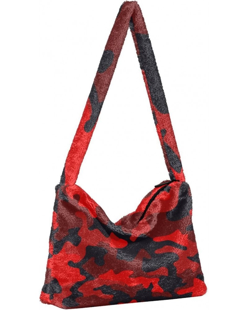 Women Boho Handbag Military Camo Red Black Underarm Bag Tote Bag Shoulder Bag Crossbody Bag Fluffy Cell Phone Purse Lady Trav...