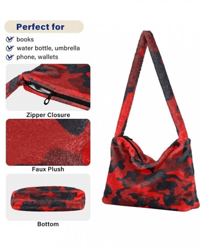 Women Boho Handbag Military Camo Red Black Underarm Bag Tote Bag Shoulder Bag Crossbody Bag Fluffy Cell Phone Purse Lady Trav...