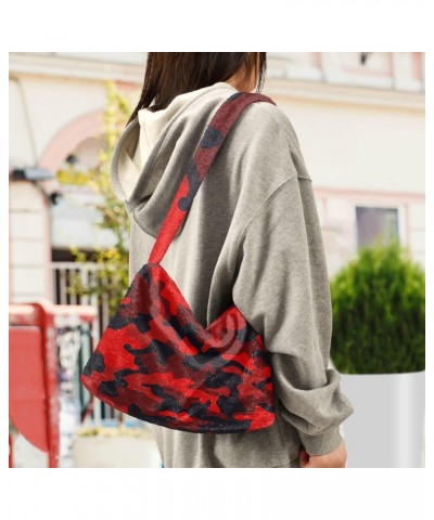 Women Boho Handbag Military Camo Red Black Underarm Bag Tote Bag Shoulder Bag Crossbody Bag Fluffy Cell Phone Purse Lady Trav...