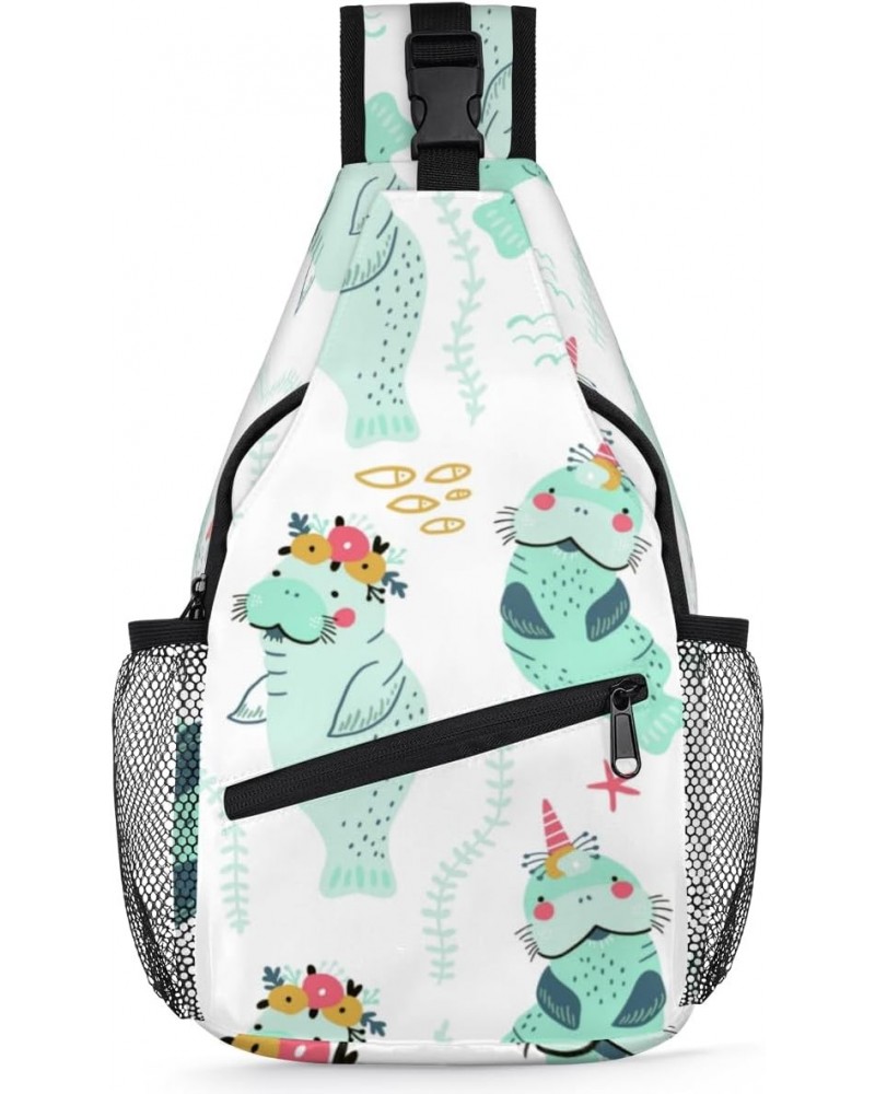 Cute Manatees Floral Wreaths Sling Bag for Women Crossbody Backpack Purse Shoulder Casual Daypack Cross Body Bags for Travel ...