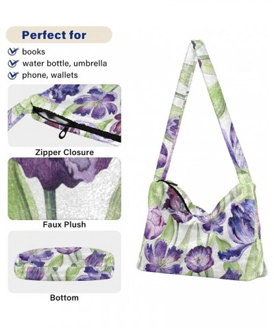 Tulips Flowers Purple Furry Tote Bag for Women Crossbody Bag Shoulder Handbags Puffer Bag with Zipper for Shopping $12.17 Totes