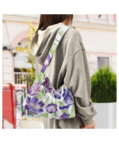 Tulips Flowers Purple Furry Tote Bag for Women Crossbody Bag Shoulder Handbags Puffer Bag with Zipper for Shopping $12.17 Totes