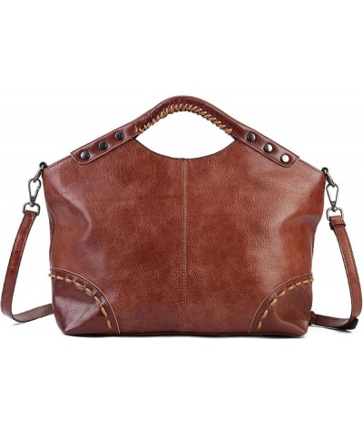 Thick Genuine Leather Satchel Crossbody Bag Large Handbag Top-Handle Shoulder Bag Purse for Women Brown $59.59 Totes