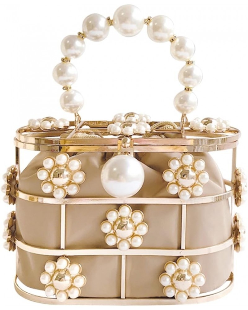 Women Top-handle Evening Handbag with Pearl Metal Bucket Bag for Wedding Prom Birthday Party Dinner Apricot $18.45 Evening Bags