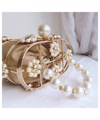 Women Top-handle Evening Handbag with Pearl Metal Bucket Bag for Wedding Prom Birthday Party Dinner Apricot $18.45 Evening Bags