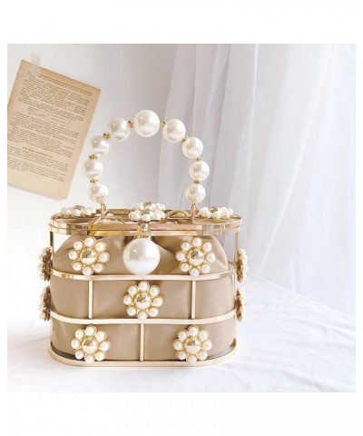 Women Top-handle Evening Handbag with Pearl Metal Bucket Bag for Wedding Prom Birthday Party Dinner Apricot $18.45 Evening Bags