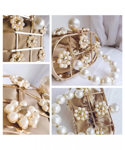 Women Top-handle Evening Handbag with Pearl Metal Bucket Bag for Wedding Prom Birthday Party Dinner Apricot $18.45 Evening Bags