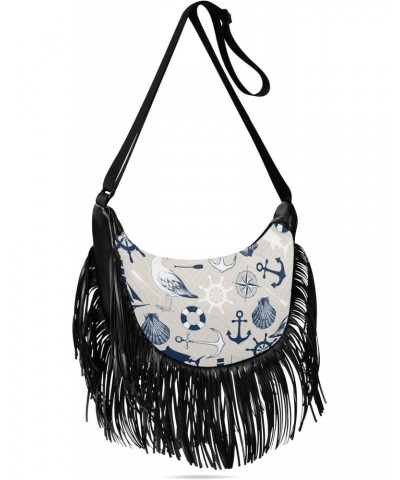 Vintage Anchor Birds Fringe Bag for Women Cross Body Bag Tassel Shoulder Bag Satchel $11.07 Crossbody Bags