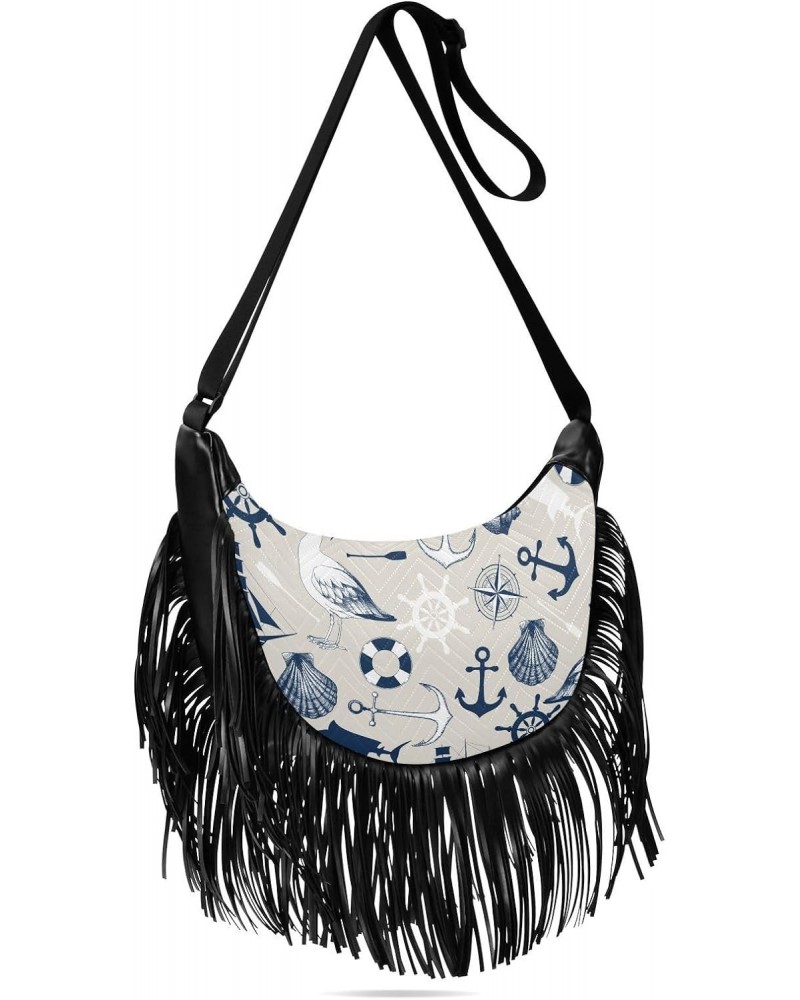 Vintage Anchor Birds Fringe Bag for Women Cross Body Bag Tassel Shoulder Bag Satchel $11.07 Crossbody Bags