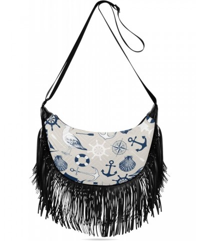 Vintage Anchor Birds Fringe Bag for Women Cross Body Bag Tassel Shoulder Bag Satchel $11.07 Crossbody Bags