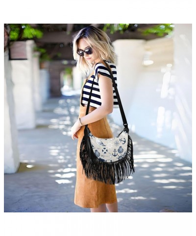 Vintage Anchor Birds Fringe Bag for Women Cross Body Bag Tassel Shoulder Bag Satchel $11.07 Crossbody Bags