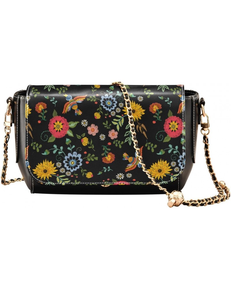 Embroidery Ethnic Flowers Birds Sling Bags Crossbody Womens Waterproof Small Black Purses with Credit Card Slots Zipper Bag $...