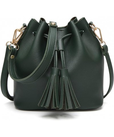 Womens Mini Bucket Bag Leather Drawstring Handbag Tassel Shoulder Purse Retro Crossbody Wallet with Adjustable Straps Green $...