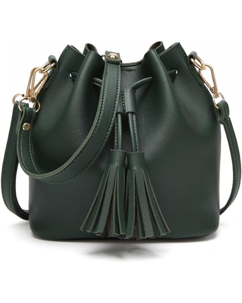 Womens Mini Bucket Bag Leather Drawstring Handbag Tassel Shoulder Purse Retro Crossbody Wallet with Adjustable Straps Green $...