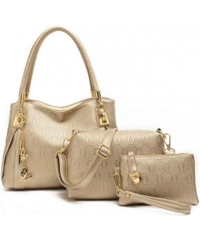 Women's Ladies PU Leather Shoulder Metal Top-handle Embossing Handle Bags 3 Pcs Satchel Tote Purse-Cream White Gold $39.94 Totes