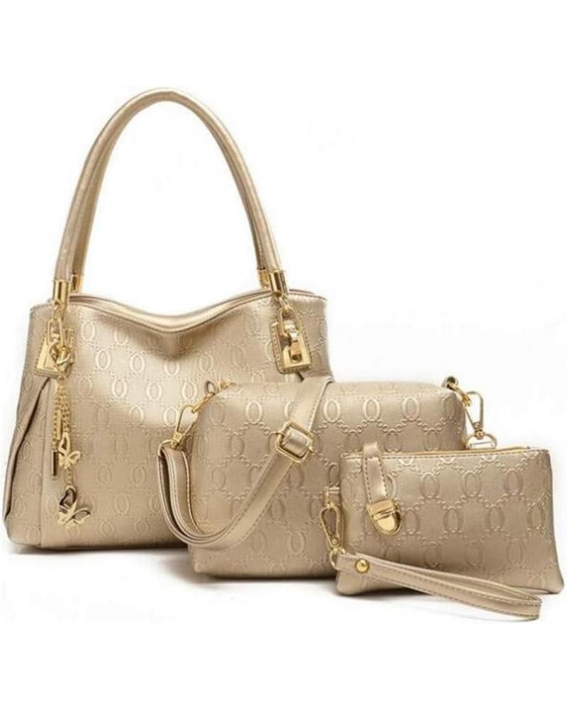 Women's Ladies PU Leather Shoulder Metal Top-handle Embossing Handle Bags 3 Pcs Satchel Tote Purse-Cream White Gold $39.94 Totes