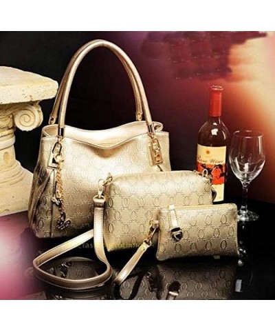 Women's Ladies PU Leather Shoulder Metal Top-handle Embossing Handle Bags 3 Pcs Satchel Tote Purse-Cream White Gold $39.94 Totes