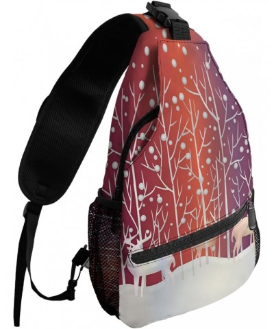 Sling Backpack, Christmas Elk with Snowflake Xmas Tree Purple Orange Waterproof Lightweight Small Sling Bag, Travel Chest Bag...