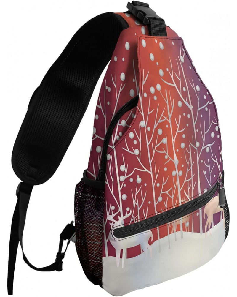 Sling Backpack, Christmas Elk with Snowflake Xmas Tree Purple Orange Waterproof Lightweight Small Sling Bag, Travel Chest Bag...