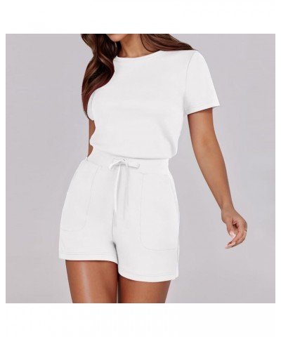 Womens Dresses And Jumpsuits Solid Jumpsuit With 4 Pockets Ladies Casual Shorts White 2➤➤ Womens Rompers 2024 Summer $12.63 C...