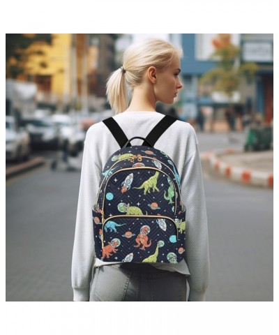 Mini Backpack for Women, Dinosaurs in Space Black Travel Backpack Purse for Ladies, Small Bookbag Daypack Shoulder Bag S Mult...