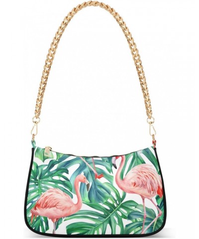 Small Chain Shoulder Bag for Women Tropical Pink Flamingo Palm Leaves Hobo Handbags Tote Clutch Bag Ladies Crossbody Bag Purs...