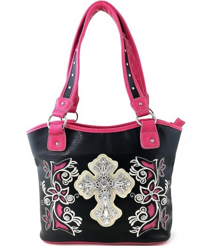 Tooled Leather Laser Cut Rhinestone Cross Studded Shoulder Concealed Carry Tote Style Handbag Purse Black Hot Pink $31.42 Totes