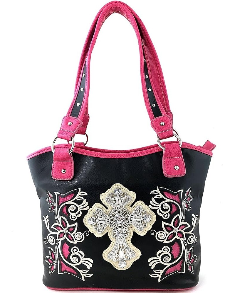 Tooled Leather Laser Cut Rhinestone Cross Studded Shoulder Concealed Carry Tote Style Handbag Purse Black Hot Pink $31.42 Totes