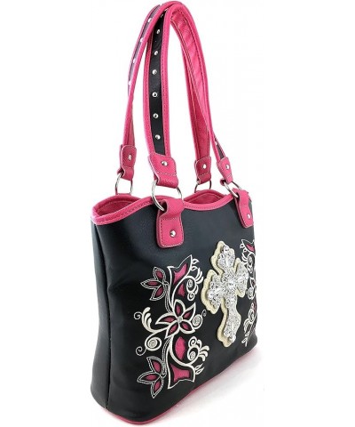 Tooled Leather Laser Cut Rhinestone Cross Studded Shoulder Concealed Carry Tote Style Handbag Purse Black Hot Pink $31.42 Totes