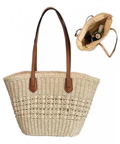 Straw Bag Large Capacity Straw Beach Bag Durable Tote Bag with Zipper Summer Woven Bag Beach Bags For Women Beige $9.90 Totes