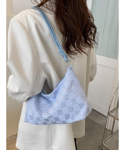 Women's Hobo Purse Checkered Zip Up Shoulder Bag Casual Handbag Dusty Blue $11.34 Hobo Bags