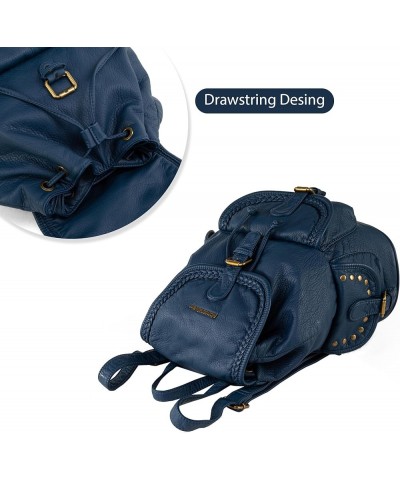 Backpack Purse for Women Trendy Satchel Backpack Washed Leather Drawstring Daypack for Casual Travel Navy $23.52 Satchels