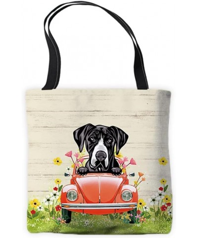 Puppy Canvas Tote Bag Peeking Dog Great Dane in Red Retro Car Surrounding with Colorful Flowers Spring Summer Bags Great Dane...