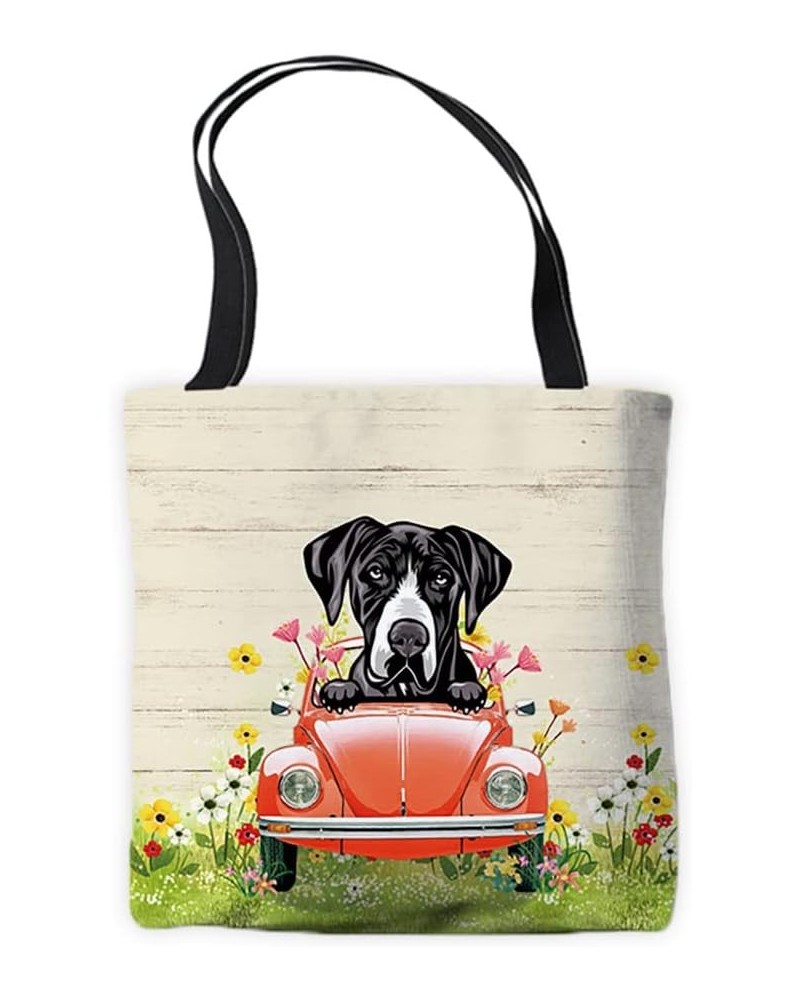 Puppy Canvas Tote Bag Peeking Dog Great Dane in Red Retro Car Surrounding with Colorful Flowers Spring Summer Bags Great Dane...