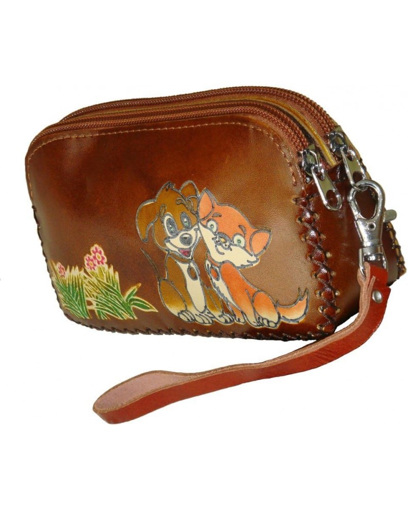 Leather Purse/wallet,two Zipper for 2 Separate Rooms,happy Doggy & Kitty Pattern (Red) Brown $13.91 Wallets