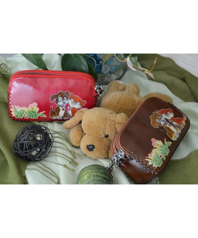 Leather Purse/wallet,two Zipper for 2 Separate Rooms,happy Doggy & Kitty Pattern (Red) Brown $13.91 Wallets